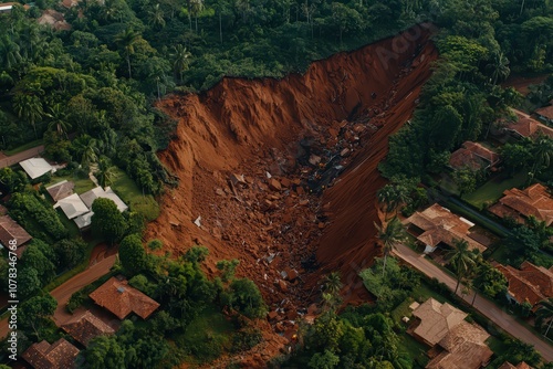 Aerial view of a large landslide in a lush green area, showing its impact on the surrounding landscape. photo