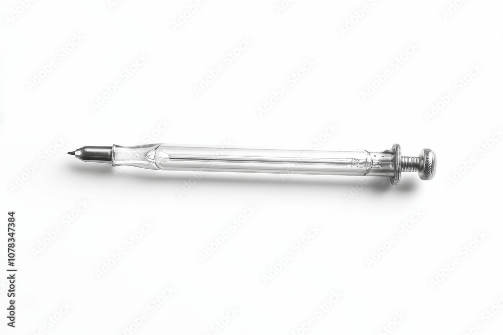 A silver and glass syringe on a white background. A silver and glass syringe on a white background.