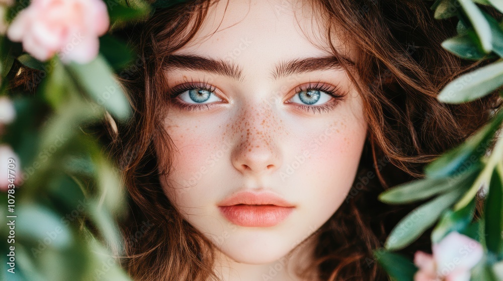 A close-up portrait of a young woman framed by lush foliage and blossoms, showcasing her striking blue eyes and soft features, Ideal for beauty, fashion, or wellness-related projects, A close-up portrait of a young woman framed by lush foliage and blossoms, showcasing her striking blue eyes and soft features, Ideal for beauty, fashion, or wellness-related projects,