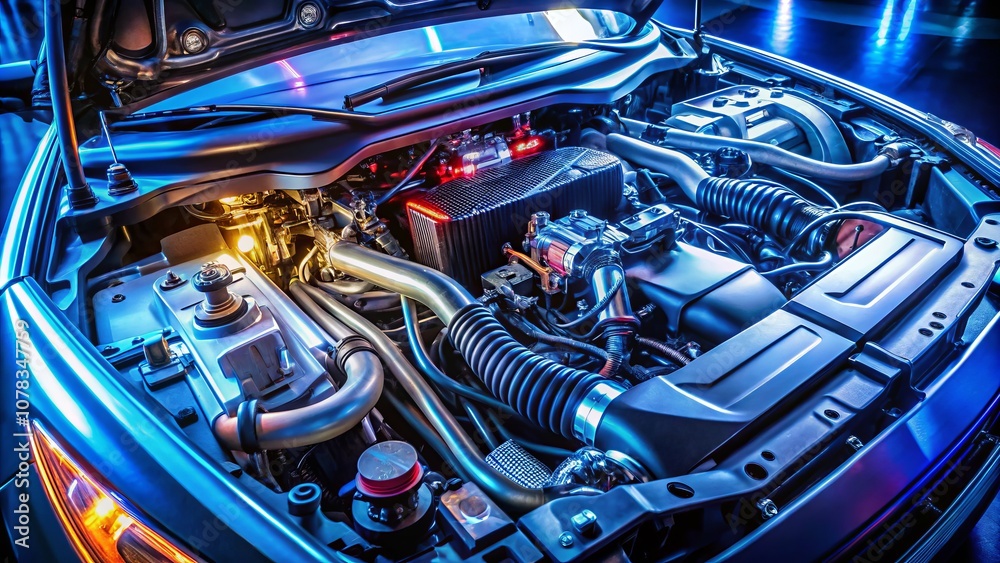 Closeup View of a Modern Car Engine Bay Highlighting Engine Block, Battery, Wiring, and Air Intake for Automotive and Mechanical Photography Themes Closeup View of a Modern Car Engine Bay Highlighting Engine Block, Battery, Wiring, and Air Intake for Automotive and Mechanical Photography Themes