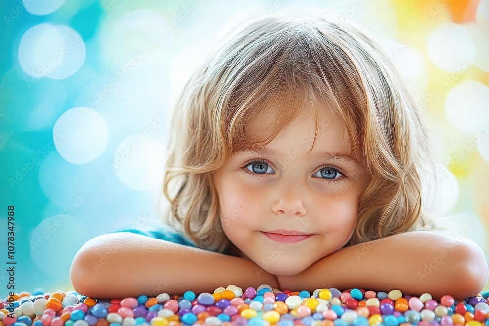 A young child with long hair smiles while resting on colorful candies in a bright, cheerful setting A young child with long hair smiles while resting on colorful candies in a bright, cheerful setting