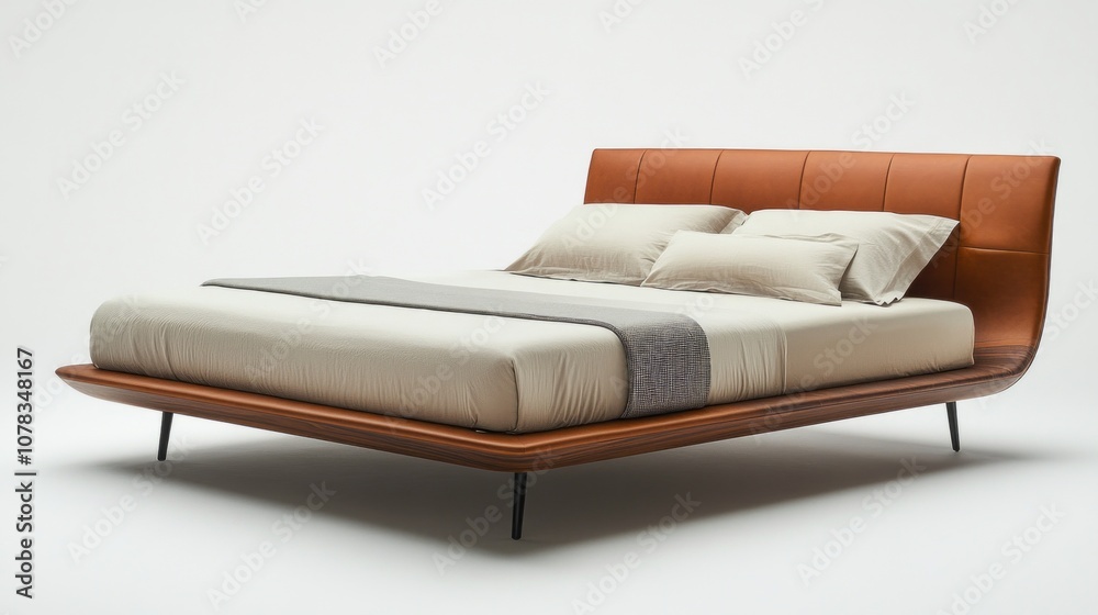 A bed with a brown frame and white sheets