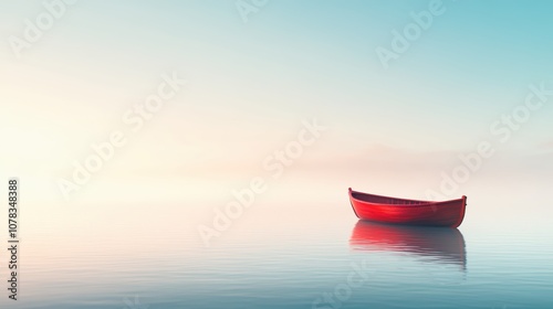 A serene red boat floats on a calm lake, reflecting the pastel sky at dawn, Suitable for peaceful themes in travel, relaxation, or nature marketing, photo