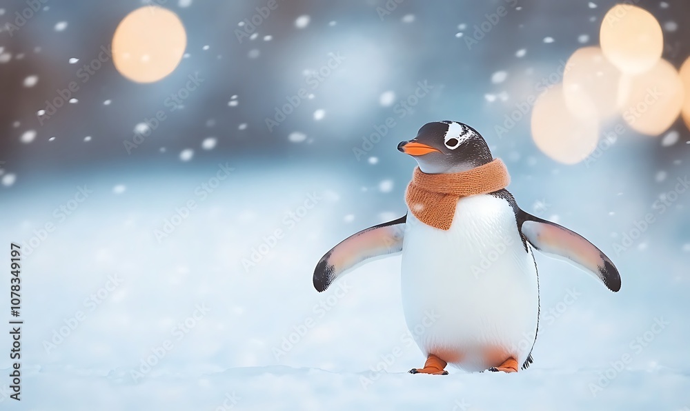 A penguin wearing a scarf stands in the snow with falling snow and bokeh lights in the background.