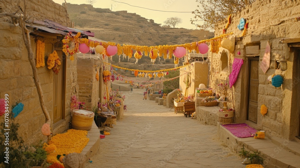 Fototapeta premium A vibrant street decorated with colorful garlands and flowers, showcasing a festive atmosphere.