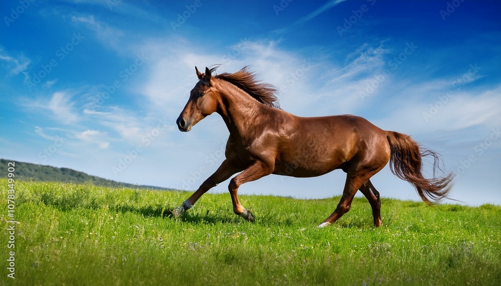 A majestic horse gallops freely through a vibrant green meadow under a clear blue sky, embodying energy, freedom, and the beauty of nature in motion. A majestic horse gallops freely through a vibrant green meadow under a clear blue sky, embodying energy, freedom, and the beauty of nature in motion.