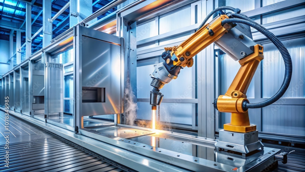 Industrial Robotic Dosing Dispenser Applying Hardening Sealant to Metal Door Blank in Modern Manufacturing Facility - A Glimpse into Automation and Innovation in Industry Industrial Robotic Dosing Dispenser Applying Hardening Sealant to Metal Door Blank in Modern Manufacturing Facility - A Glimpse into Automation and Innovation in Industry