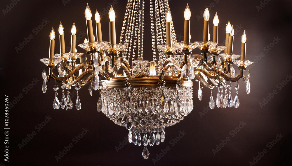 Large luxury crystal chandelier with candlesticks against dark background Large luxury crystal chandelier with candlesticks against dark background