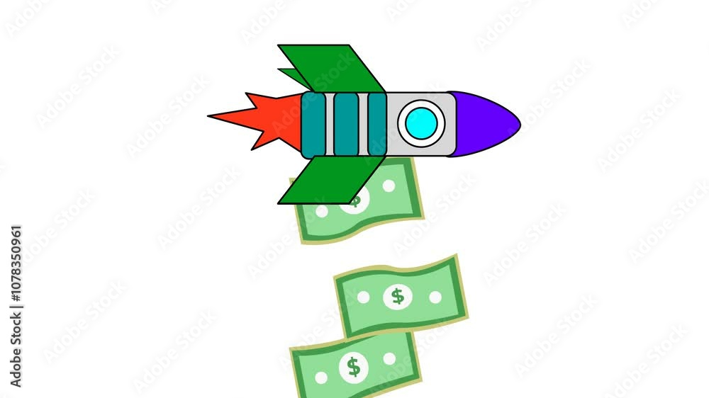 A rocket launching with dollar bills flying behind it. Cartoon animation. Financial growth and prosperity. Alpha channel. Seamless looping. A rocket launching with dollar bills flying behind it. Cartoon animation. Financial growth and prosperity. Alpha channel. Seamless looping.
