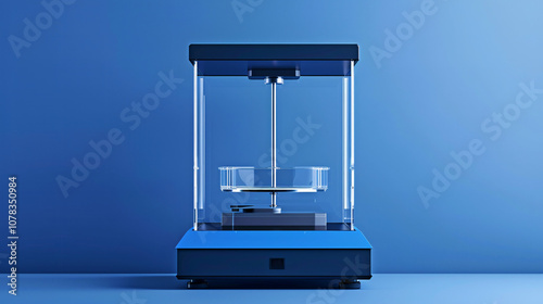 A modern weighing balance setup against a blue backdrop, showcasing precision and clarity in design.