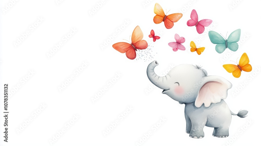 Cute elephant with colorful butterflies on a white isolated background.