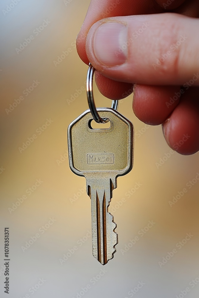Hand Holding a Silver House Key on Blurred Background, New Home, Mortgage, and Real Estate Concept Hand Holding a Silver House Key on Blurred Background, New Home, Mortgage, and Real Estate Concept