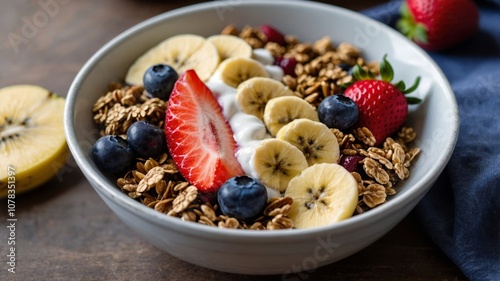 Fresh fruit and granola yogurt bowl with berries