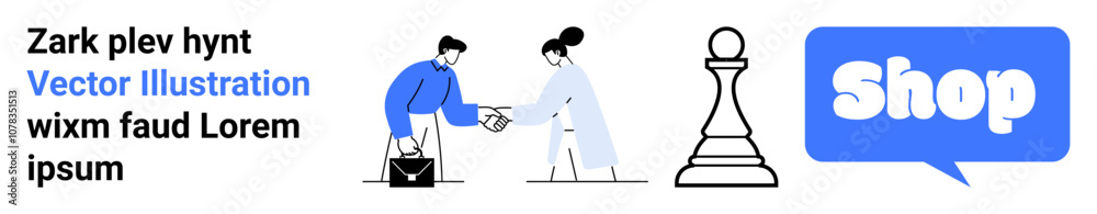 Business handshake, a chess pawn symbolizing strategy, and a shopping speech bubble in minimalist style. Ideal for business, strategy, e-commerce, partnerships, and online shopping. Banner Business handshake, a chess pawn symbolizing strategy, and a shopping speech bubble in minimalist style. Ideal for business, strategy, e-commerce, partnerships, and online shopping. Banner