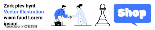 Business handshake, a chess pawn symbolizing strategy, and a shopping speech bubble in minimalist style. Ideal for business, strategy, e-commerce, partnerships, and online shopping. Banner