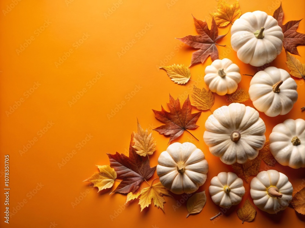 Panoramic View of White Pumpkins Surrounded by Autumn Leaves on Flat Orange Background for Thanksgiving, Harvest Festival, or Halloween Celebrations with Copy Space Panoramic View of White Pumpkins Surrounded by Autumn Leaves on Flat Orange Background for Thanksgiving, Harvest Festival, or Halloween Celebrations with Copy Space