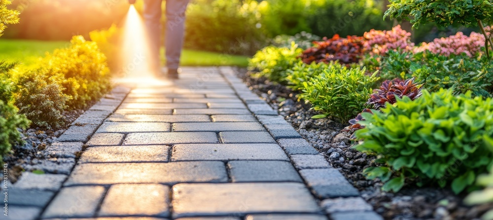 Sunny Day on a Paved Concrete Garden Path, Pressure Washing and Summer Garden Maintenance Sunny Day on a Paved Concrete Garden Path, Pressure Washing and Summer Garden Maintenance