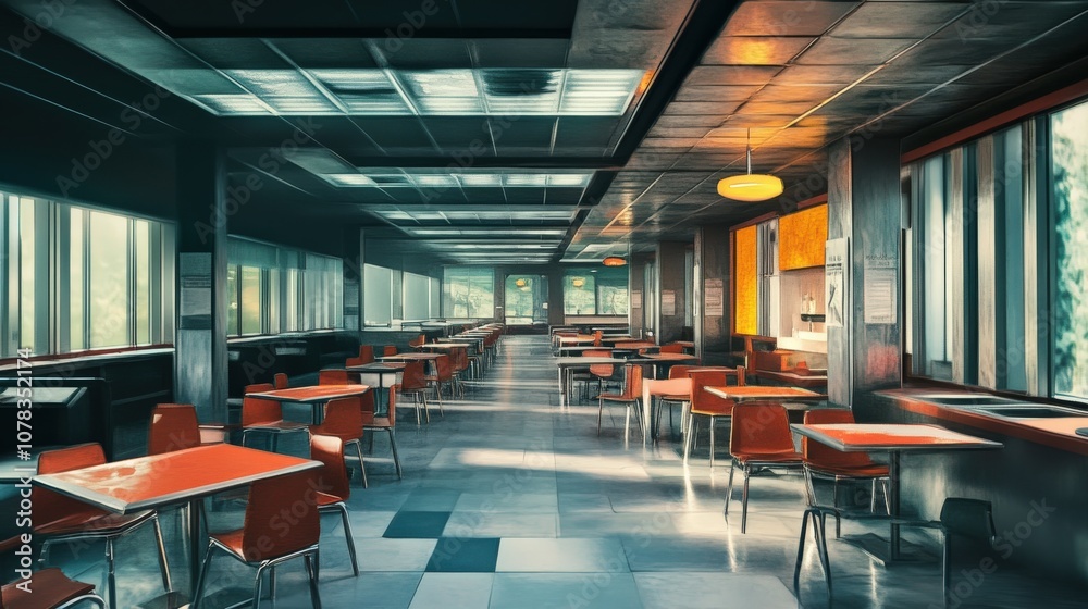 The spacious interior features rows of empty tables and chairs with vibrant orange and red accents, bathed in natural light creating a futuristic atmosphere The spacious interior features rows of empty tables and chairs with vibrant orange and red accents, bathed in natural light creating a futuristic atmosphere