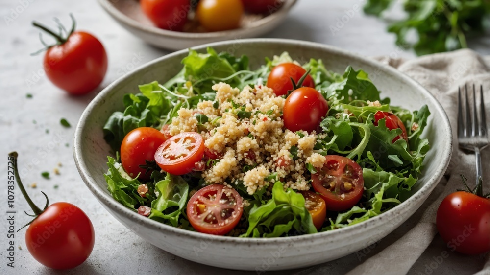 Fresh quinoa salad with cherry tomatoes and mixed greens Fresh quinoa salad with cherry tomatoes and mixed greens