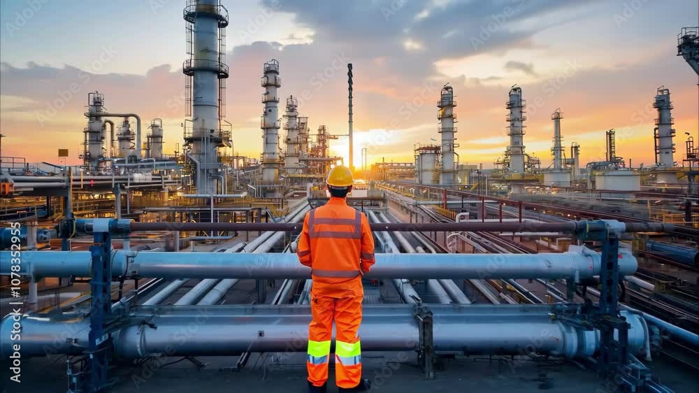 A worker in safety gear observes an industrial facility at sunset, with tall pipes and infrastructure visible. A worker in safety gear observes an industrial facility at sunset, with tall pipes and infrastructure visible.