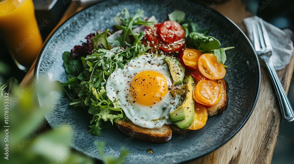 Avocado toast topped with a fried egg, cherry tomatoes, and greens. Avocado toast topped with a fried egg, cherry tomatoes, and greens.