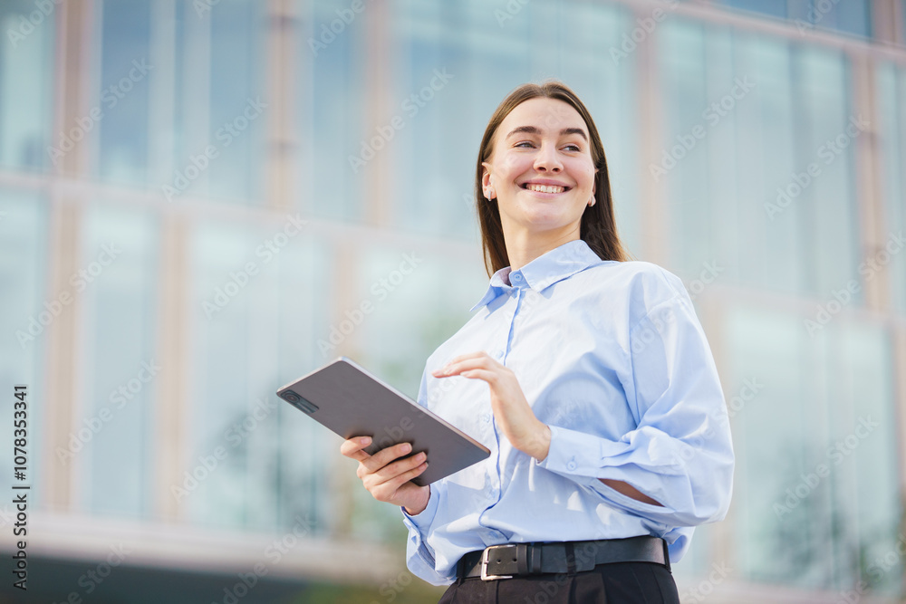 Fototapeta premium Young Professional Woman Smiles While Holding a Tablet Outside a Modern Office Building in Daylight