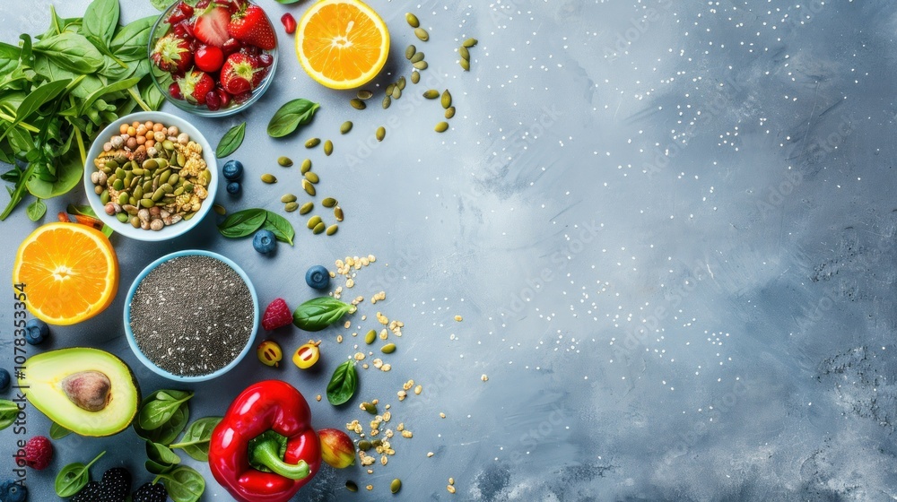 Healthy food options fruit, vegetables, grains, on gray concrete background with copy space