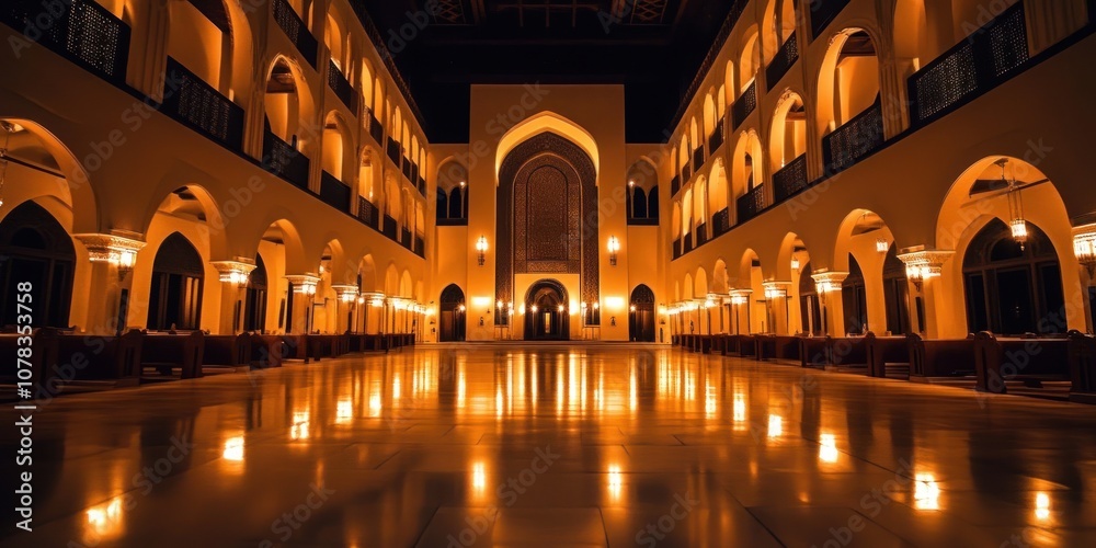 Fototapeta premium A serene architectural interior with warm lighting and reflective floors.