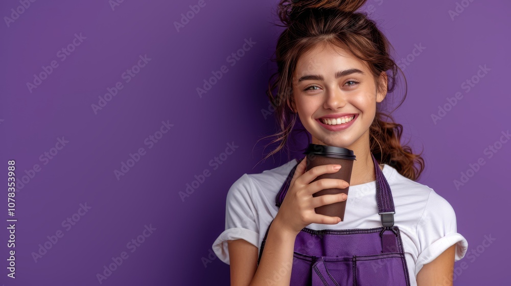 Smiling Girl with Coffee on a Purple Background Smiling Girl with Coffee on a Purple Background