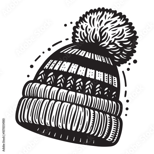 Cozy Winter Beanie: A Warm and Stylish Essential. A black and white, hand-drawn illustration of a classic winter beanie with a fluffy pom-pom on top.