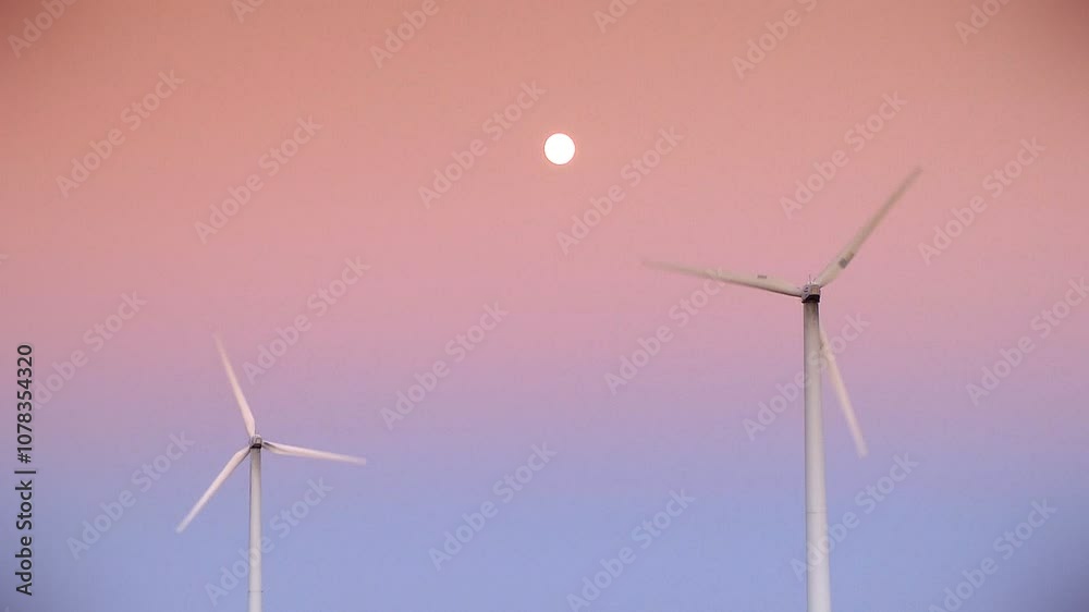 Two wind turbines against a serene, pastel-colored dusk sky with the moon rising above, symbolizing clean energy and sustainability. Ideal for renewable energy themes.
Two wind turbines against a serene, pastel-colored dusk sky with the moon rising above, symbolizing clean energy and sustainability. Ideal for renewable energy themes.