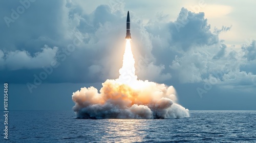 A nuclear missile is launched from the ocean, producing a powerful plume of smoke and fire. The event occurs under a dramatic sky, highlighting military prowess in an exercise