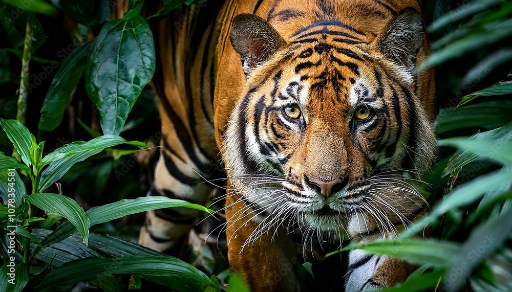 Fototapeta premium A majestic tiger prowls through dense jungle foliage, camouflaged in the shadows.