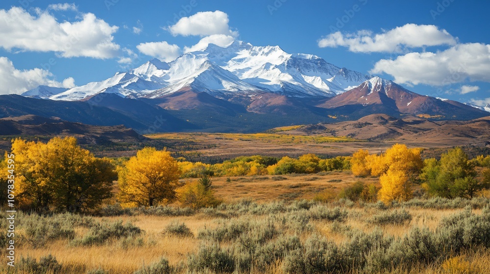 A majestic snow-capped mountain range rises above a field of golden autumn trees, creating a breathtaking landscape.
