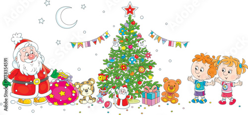 Happy little girl and boy suddenly meeting Santa Claus with his magical bag full of holiday gifts near a festively decorated Christmas tree, vector cartoon illustration on white