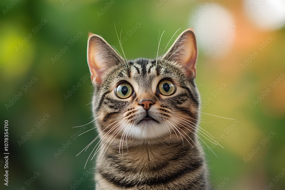 A tabby cat with green eyes looks up with a surprised expression. A tabby cat with green eyes looks up with a surprised expression.