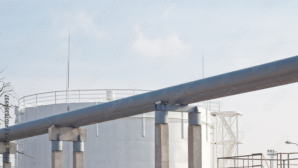 The photo shows a pipeline and a fuel storage tank
