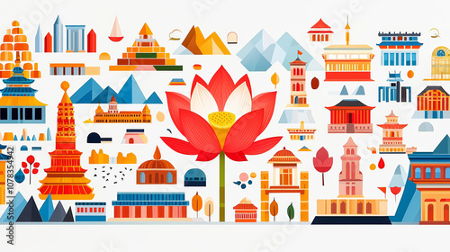 Vivid mural showing a lotus flower surrounded by cultural elements, representing purity and mental peace photo