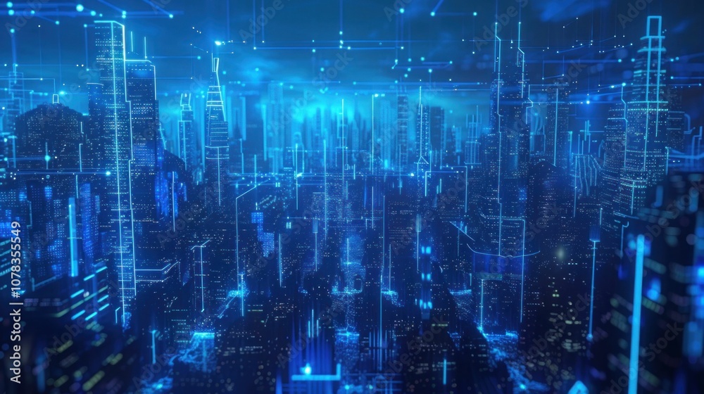 futuristic cityscape, neon lights, digital skyline, technology background, urban architecture, night scene, vibrant colors, modern design, abstract city imagery, advanced civilization, blue hues