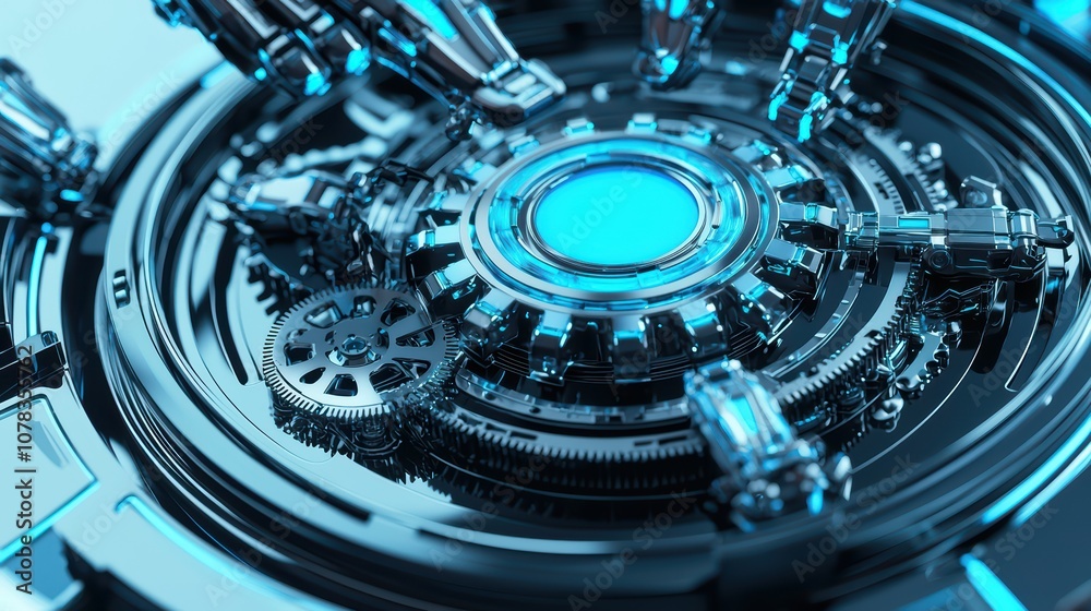 Futuristic robotic hands interacting with a blue mechanical gear system, detailed high-tech design. Futuristic robotic hands interacting with a blue mechanical gear system, detailed high-tech design.