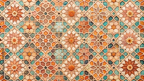 Intricate Mosaic Tilework with Floral Patterns, Islamic Architecture, Geometric Art, Mughal Art