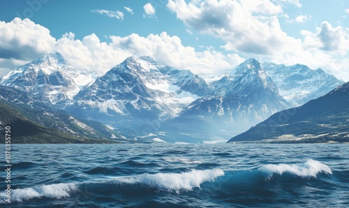 Majestic mountains reflecting in serene ocean waters, clear skies, and gentle waves