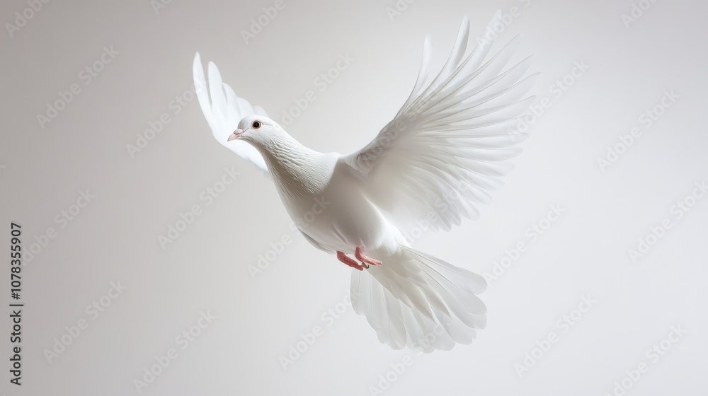 White Dove in Flight with Spread Wings Against a Light Background White Dove in Flight with Spread Wings Against a Light Background