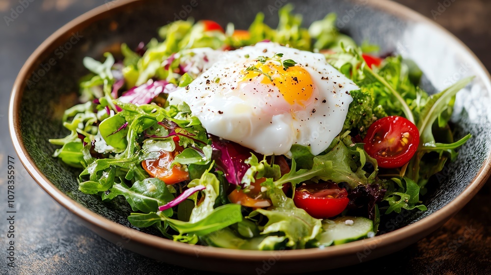 A bowl of salad with a fried egg on top, seasoned with pepper and herbs. A bowl of salad with a fried egg on top, seasoned with pepper and herbs.