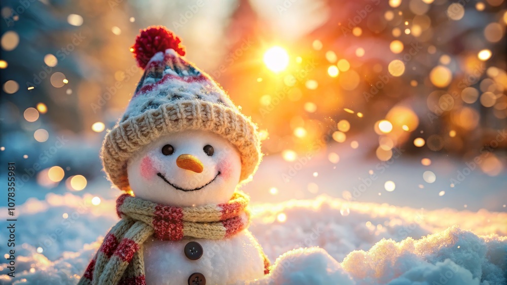 Fototapeta premium Smiling Snowman in a Winter Wonderland, Golden Hour, Snow, Bokeh, Sunset, winter, snowman