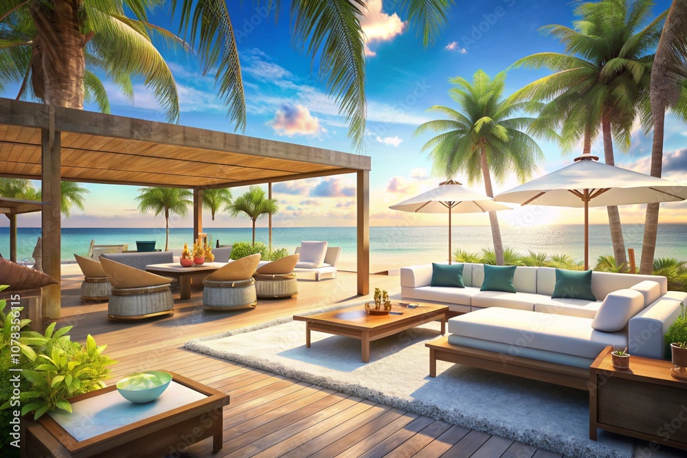 Fototapeta premium Cozy lounge lobby hall area with sea view and soft comfortable armchairs