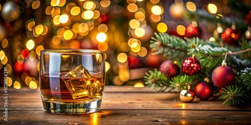 Whiskey on the Rocks with Festive Lights, Christmas Spirit, Festive Drinks, Holiday Cheer, Christmas Decorations, Winter Drinks