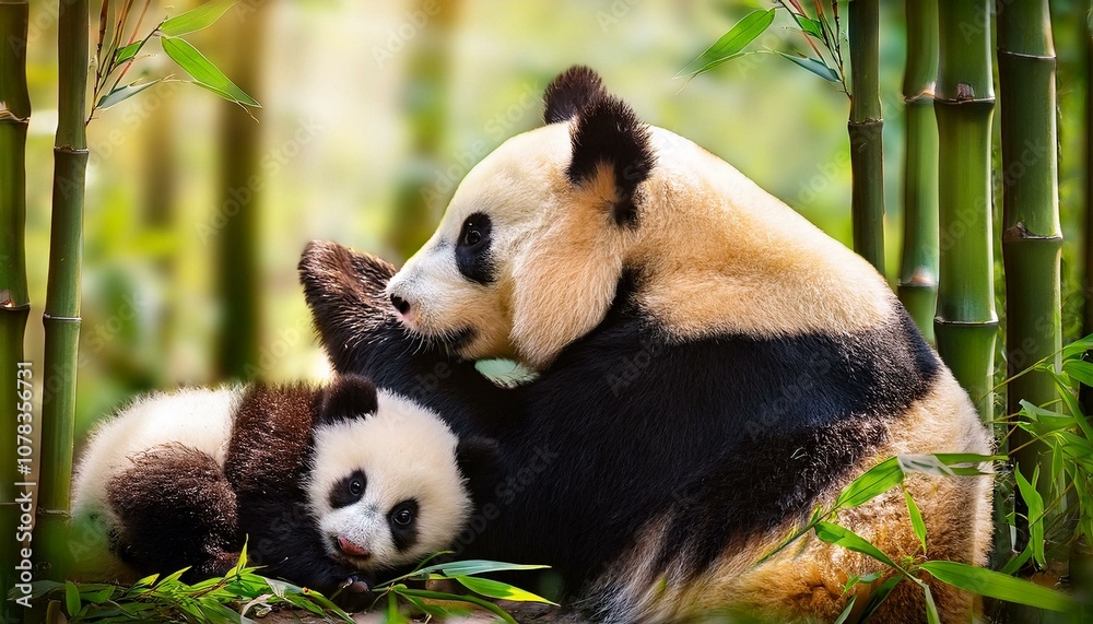 Naklejka premium A heartwarming scene of a mother panda playfully interacting with her cub in the midst of a lush bamboo forest