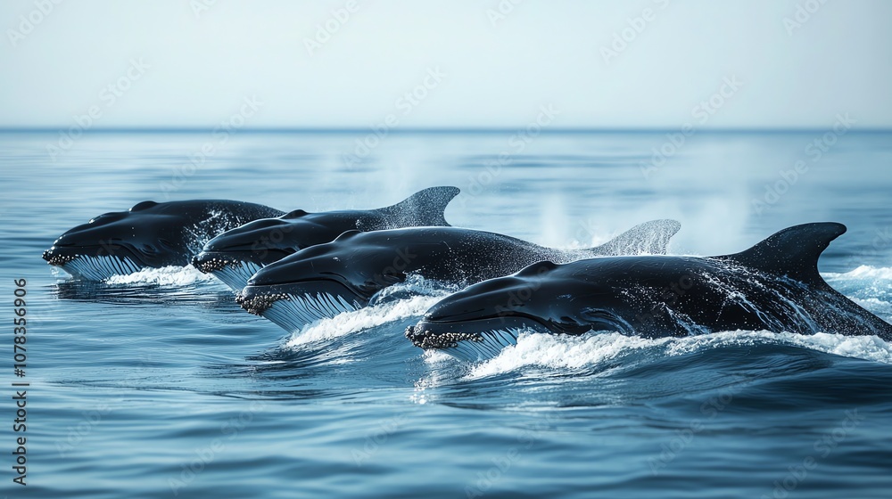 Fototapeta premium A pod of whales swims through the water.