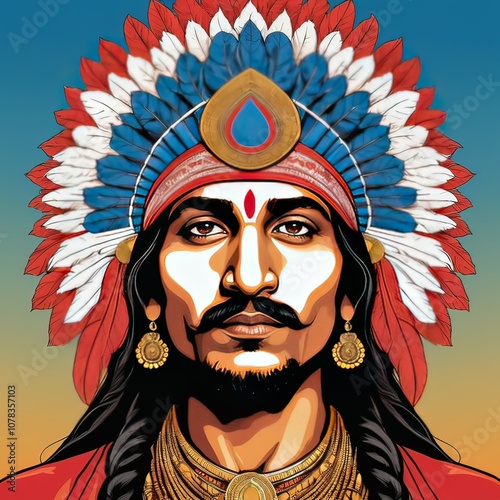 Vibrant Portrait of Man in Traditional Feathered Headdress